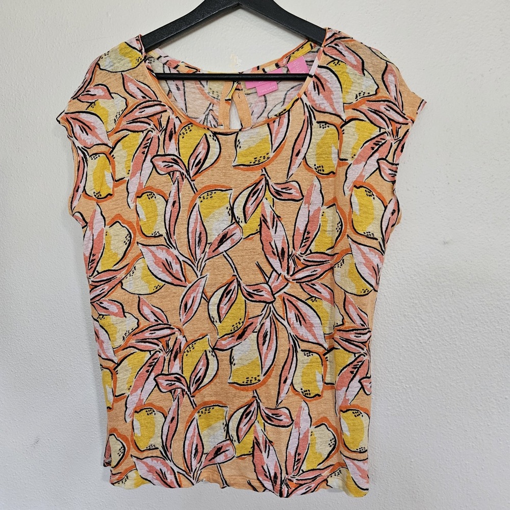 Isaac Mizrahi 100% Linen Lemon Botanical Cap Sleeve Top Button Back Sz L